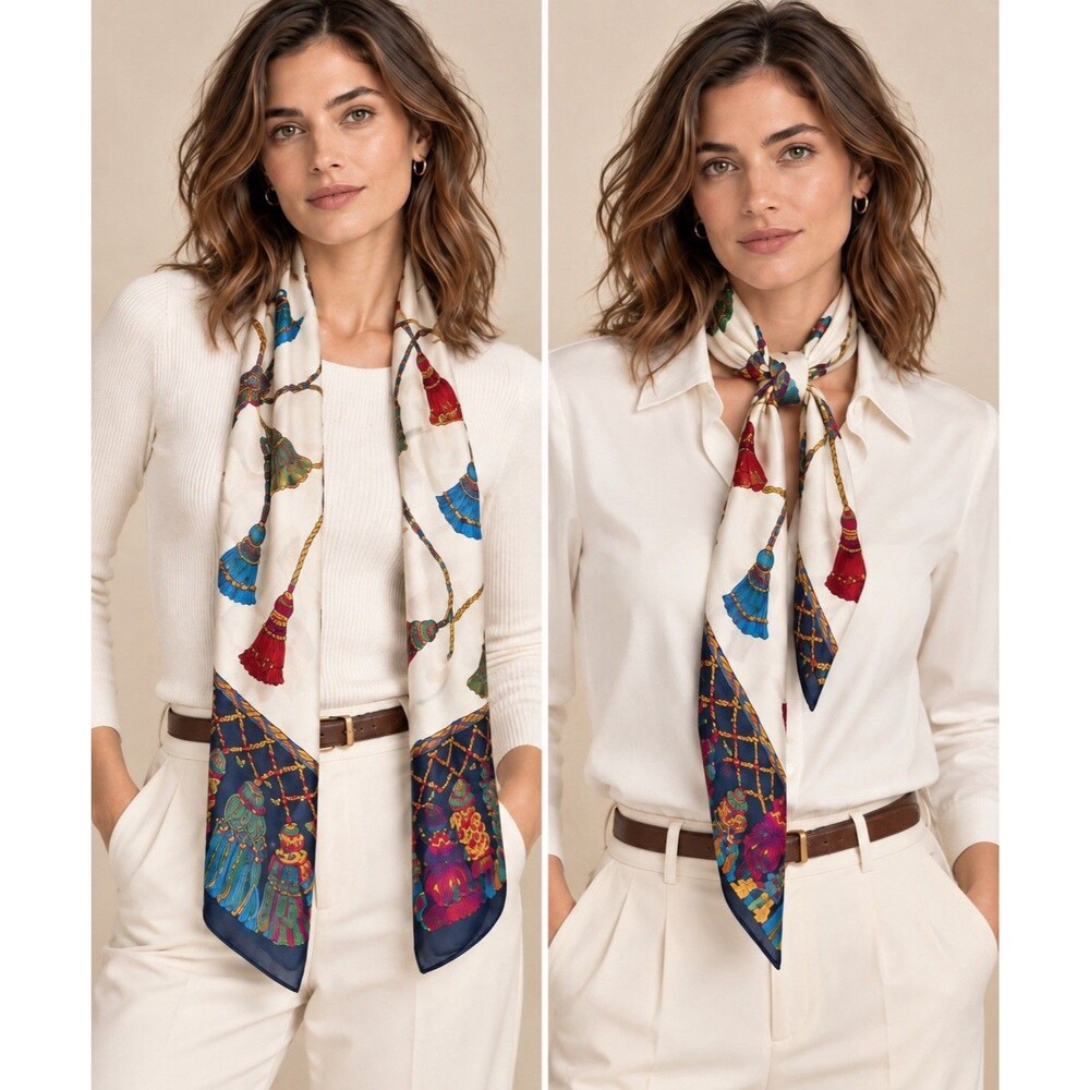 Echo Womens Silk Rectangle Tassel Rope Printed Scarf White Multi 57” X 11” EUC